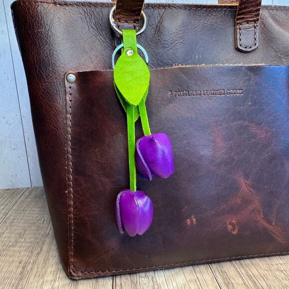Leather Purple Tulip Purse Charm Genuine Leather Tulip Flower Bag Charm - Picture 2 of 5